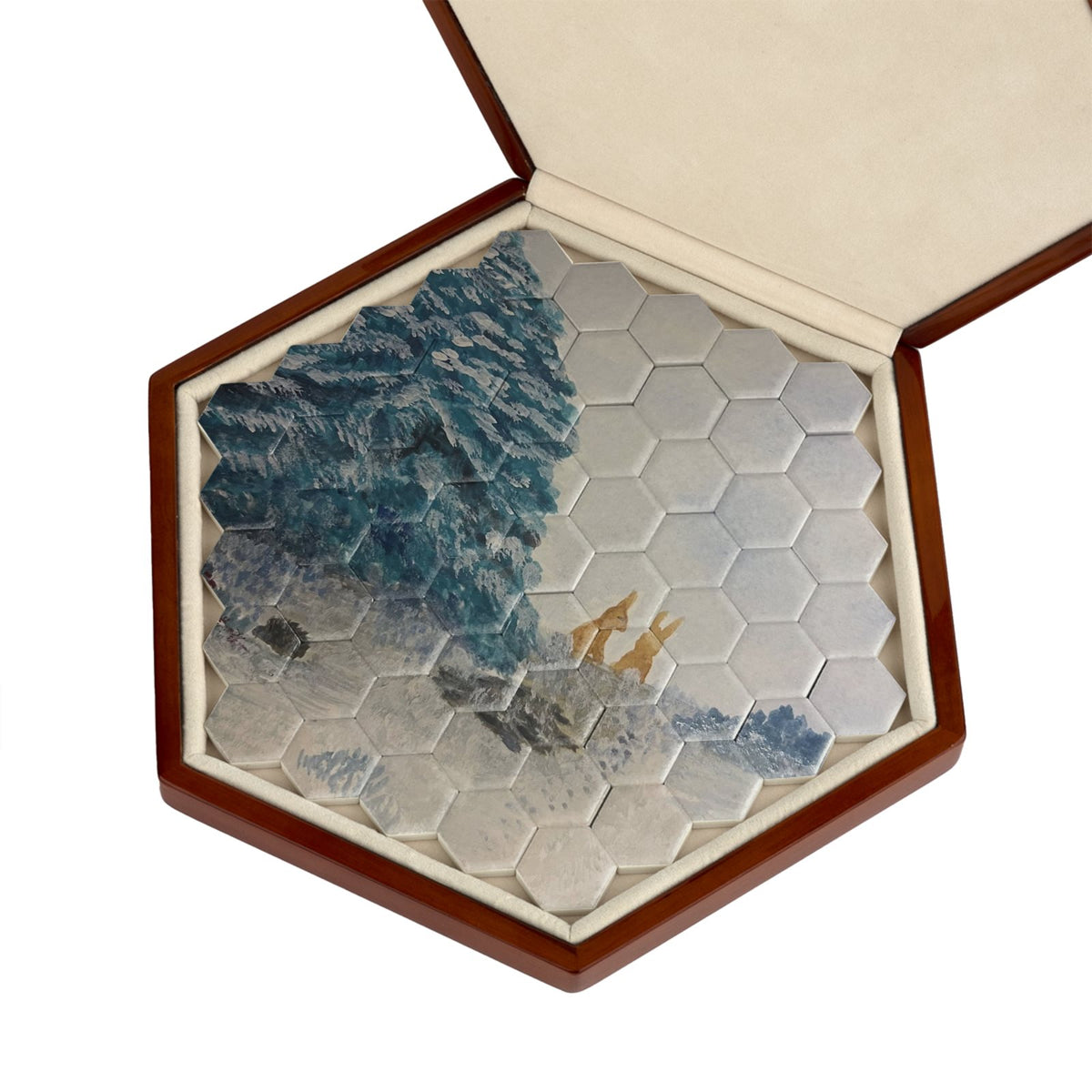 'Winter Tails' Ceramic Tile Keepsake Puzzle in Pecan Wood Box