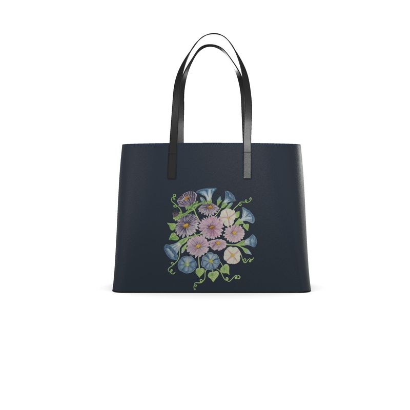 Sac cabas grand format en cuir Nappa artisanal, édition noire « Asters & Morning Glory »