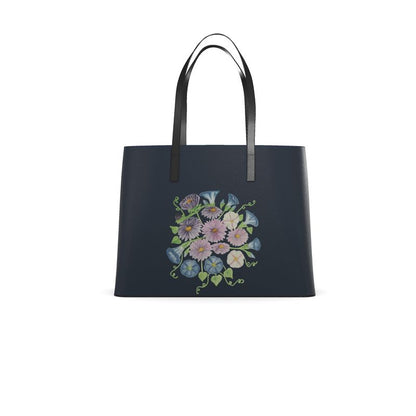 Sac cabas grand format en cuir Nappa artisanal, édition noire « Asters & Morning Glory »