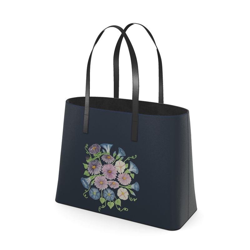 Sac cabas grand format en cuir Nappa artisanal, édition noire « Asters & Morning Glory »