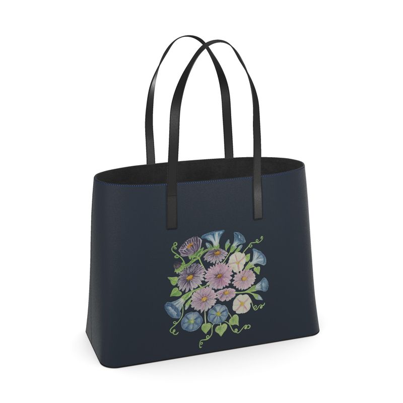 Sac cabas grand format en cuir Nappa artisanal, édition noire « Asters & Morning Glory »