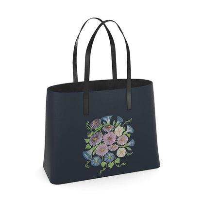 Sac cabas grand format en cuir Nappa artisanal, édition noire « Asters & Morning Glory »