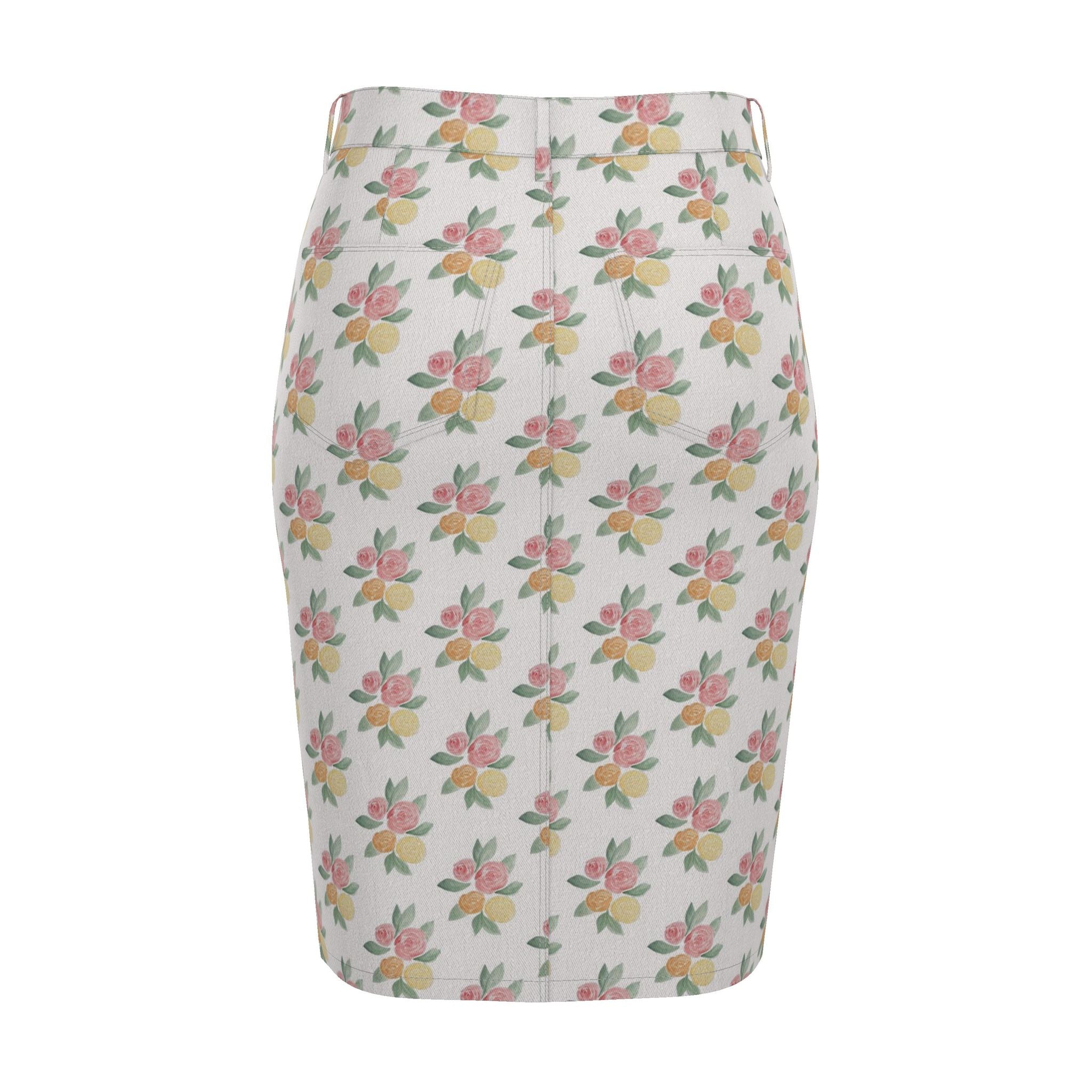 Watercolor Rose: Luxury Denim Midi Skirt
