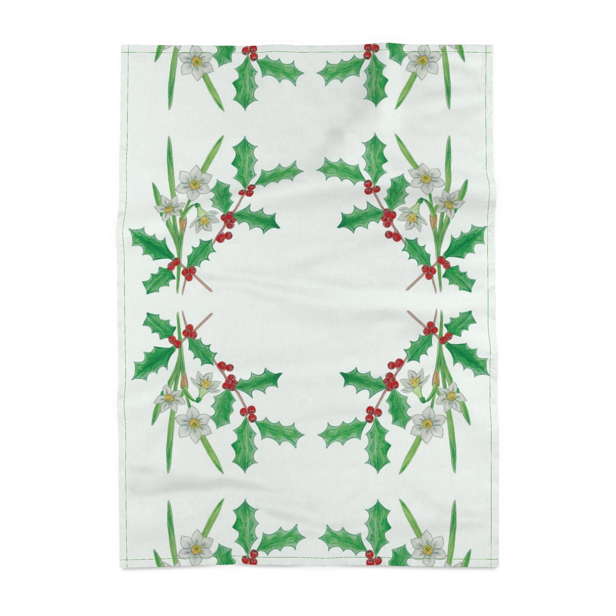Festive Botanicals . . . 'Holly & Paperwhite Narcissus' Tea Towel