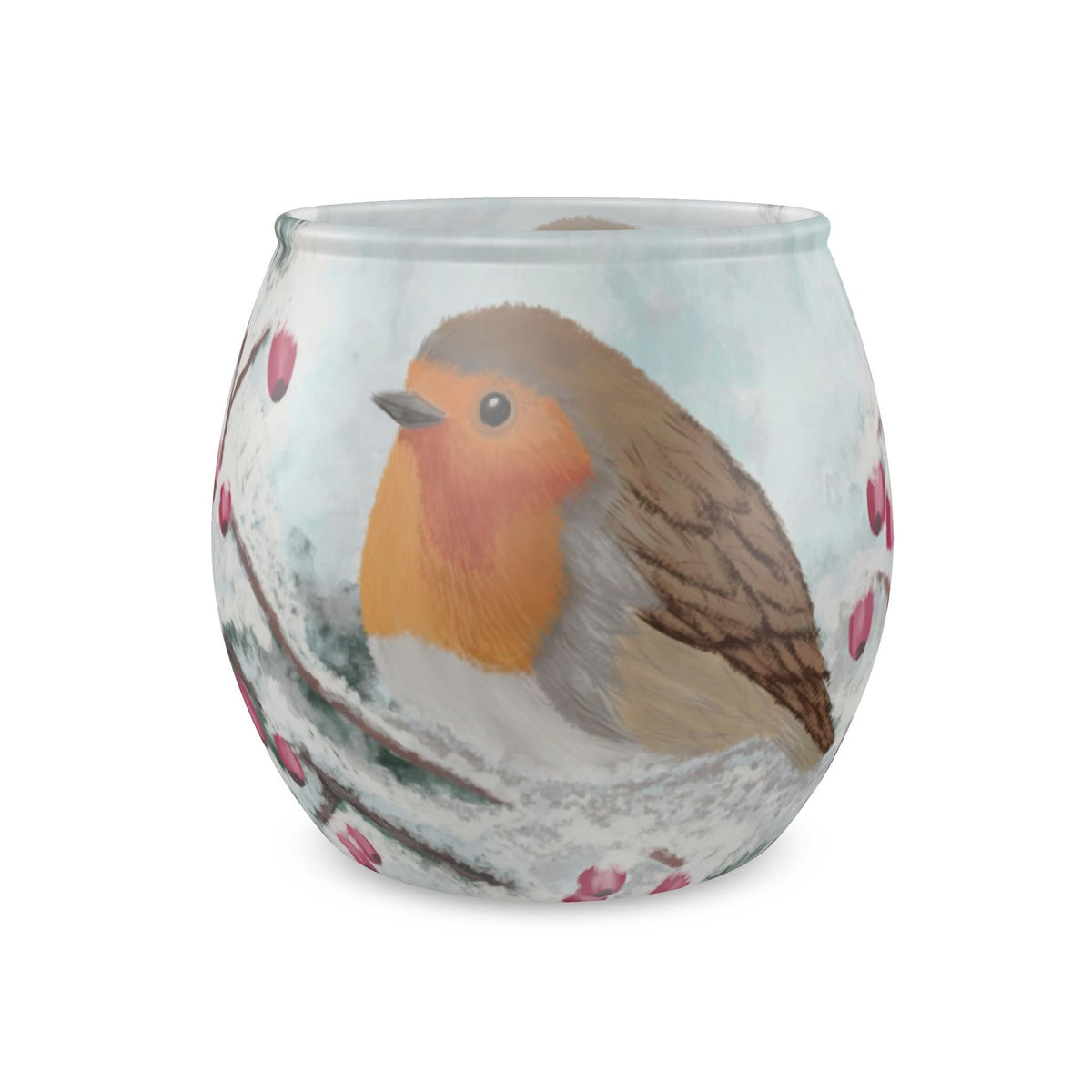 'Winter Robin' Matte Frosted Glass Tea Light Candle Holder