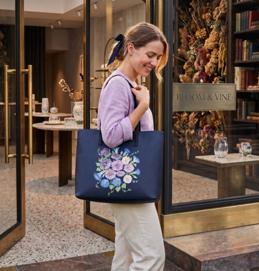 Asters & Morning Glory Noir Edition Artisan Nappa Leather Tote – Large