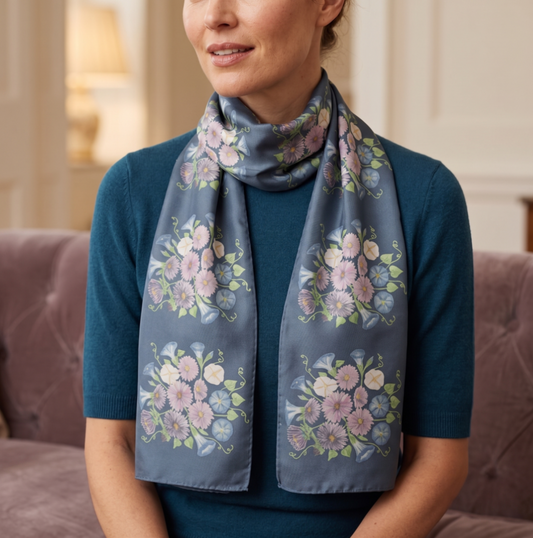 Asters & Morning Glory: Midnight Bloom Silk Scarf (Noir Edition)
