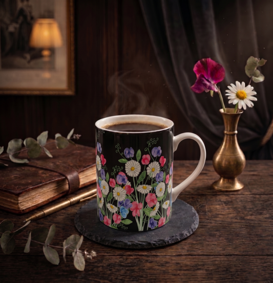 Daisies & Sweet Peas Bone China Mug – Noir Full Bloom Edition