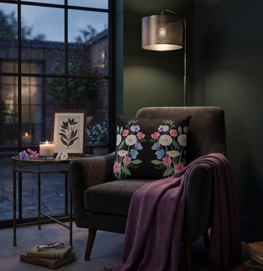 Daisies & Sweet Peas Throw Pillow - Noir Edition