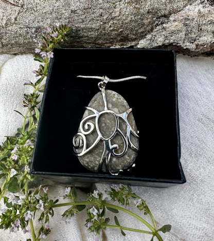 Grey Quartz Pear-Shaped Cabochon Wire-Wrapped Pendant
