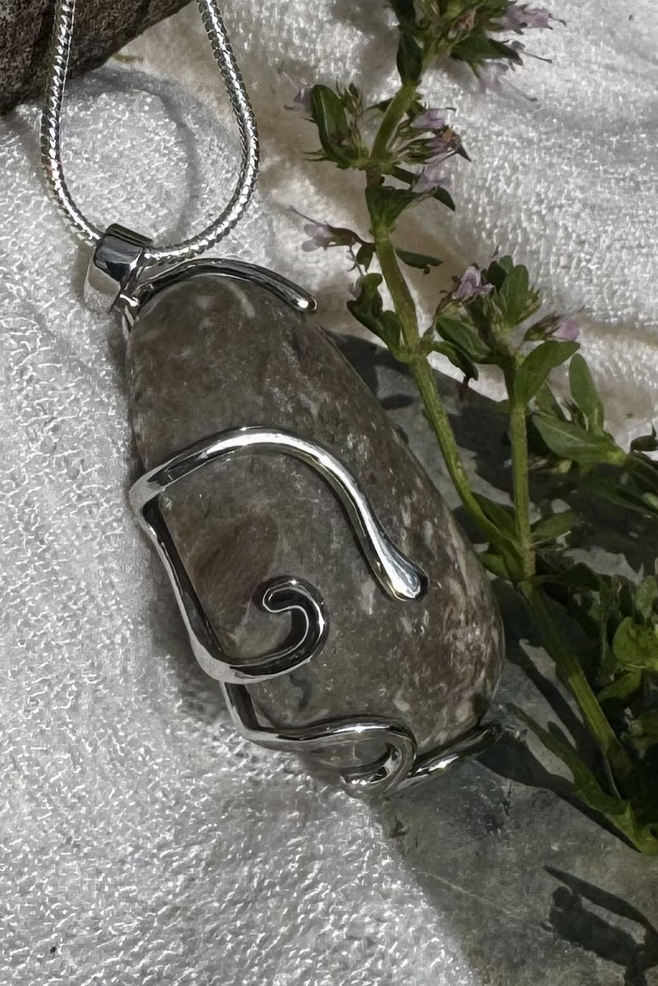 Grey Quartz Pear-Shaped Cabochon Wire-Wrapped Pendant