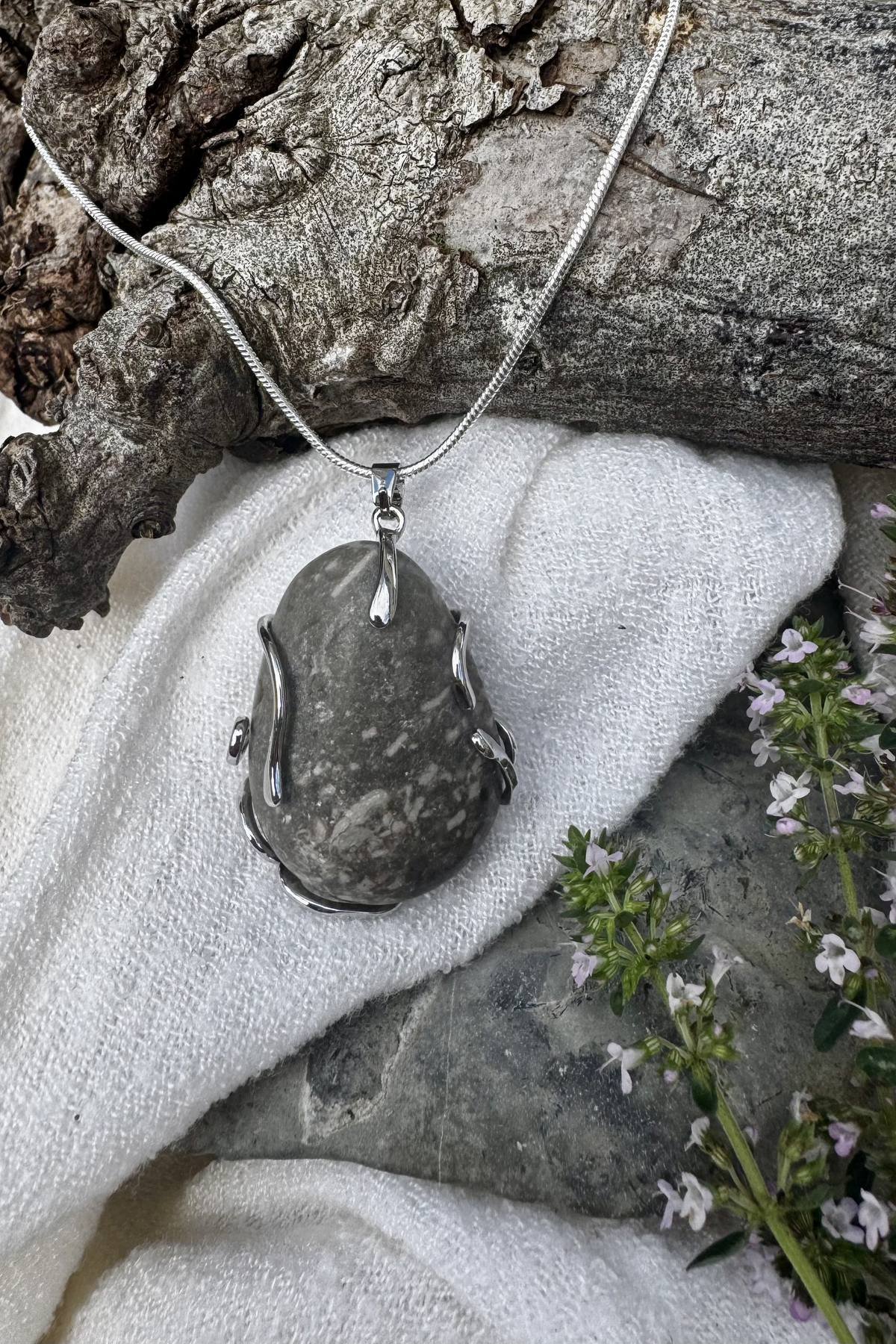 Grey Quartz Pear-Shaped Cabochon Wire-Wrapped Pendant