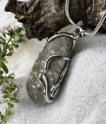 Grey Quartz Pear-Shaped Cabochon Wire-Wrapped Pendant