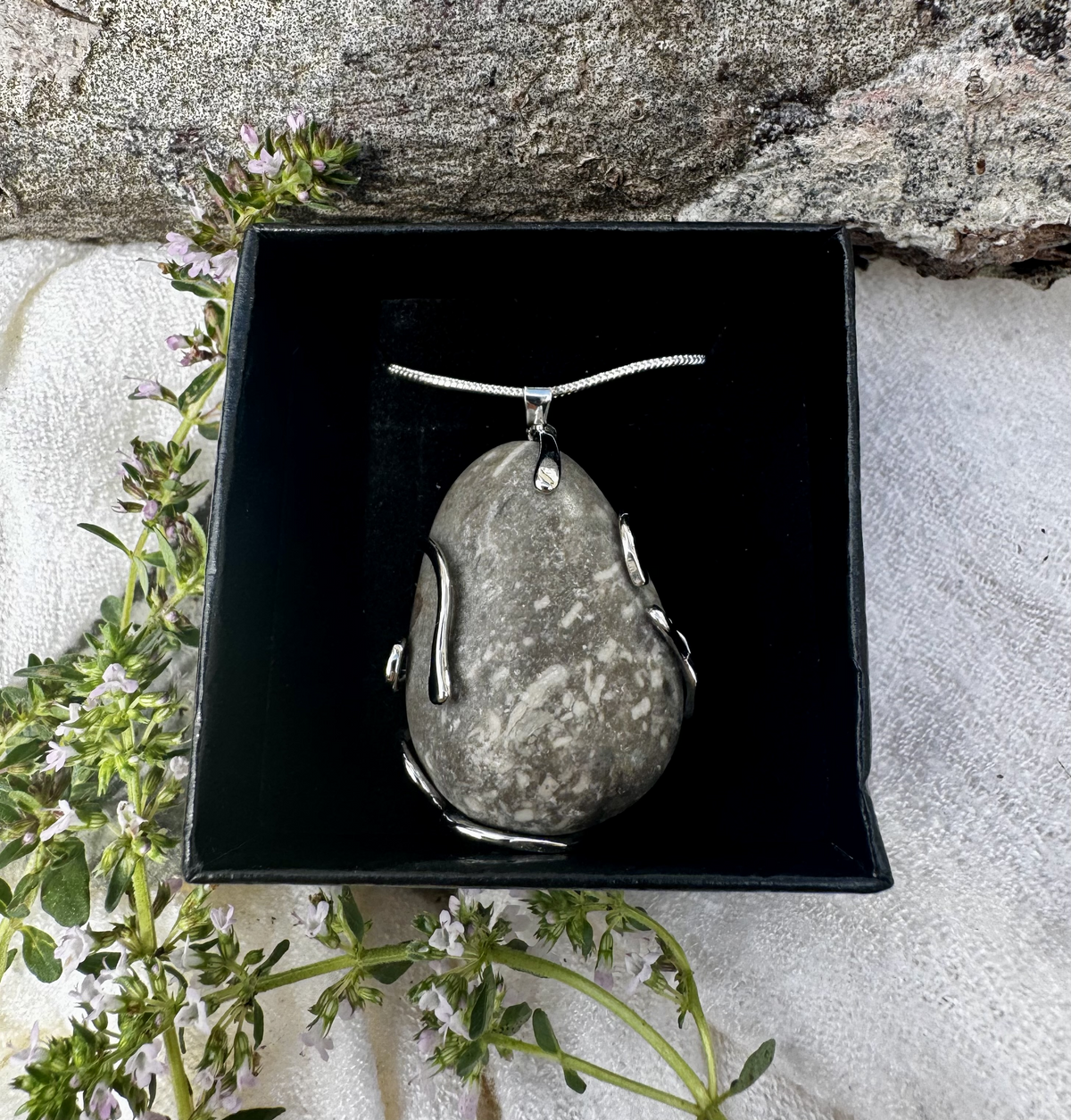 Grey Quartz Pear-Shaped Cabochon Wire-Wrapped Pendant