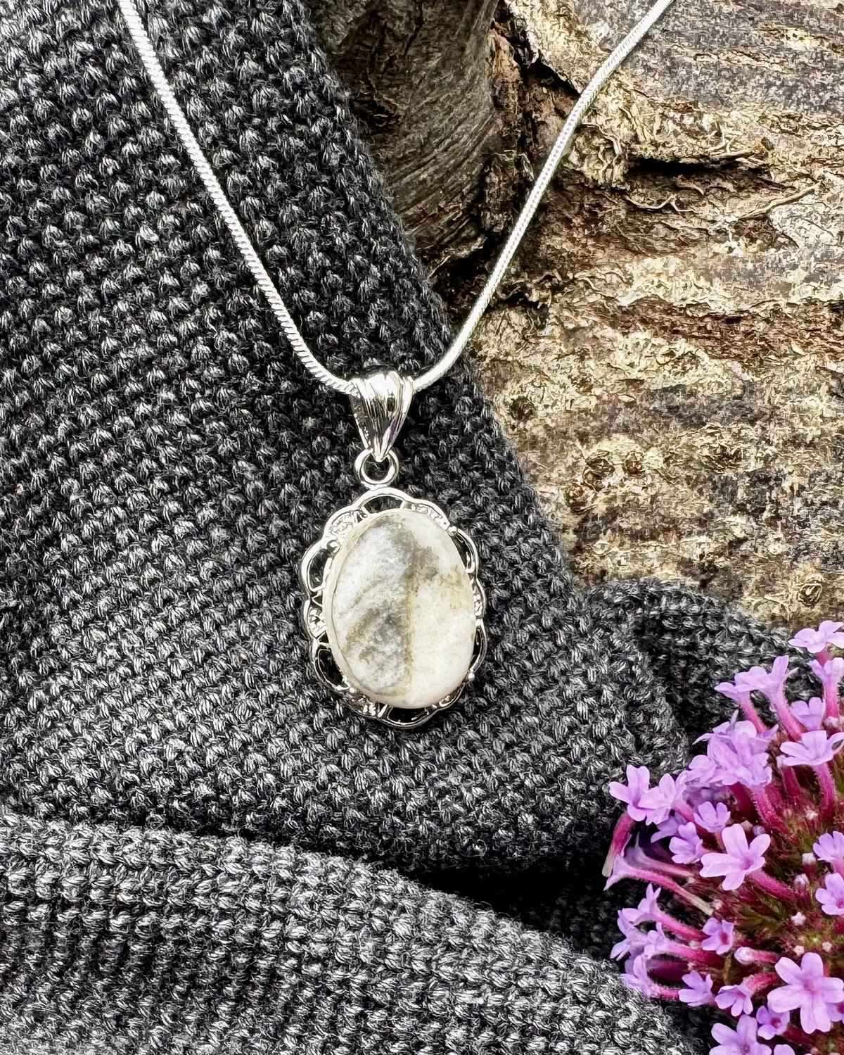 Maen Y Tir . . . Grey Quartzite Full Surround Silver Bezel Pendant