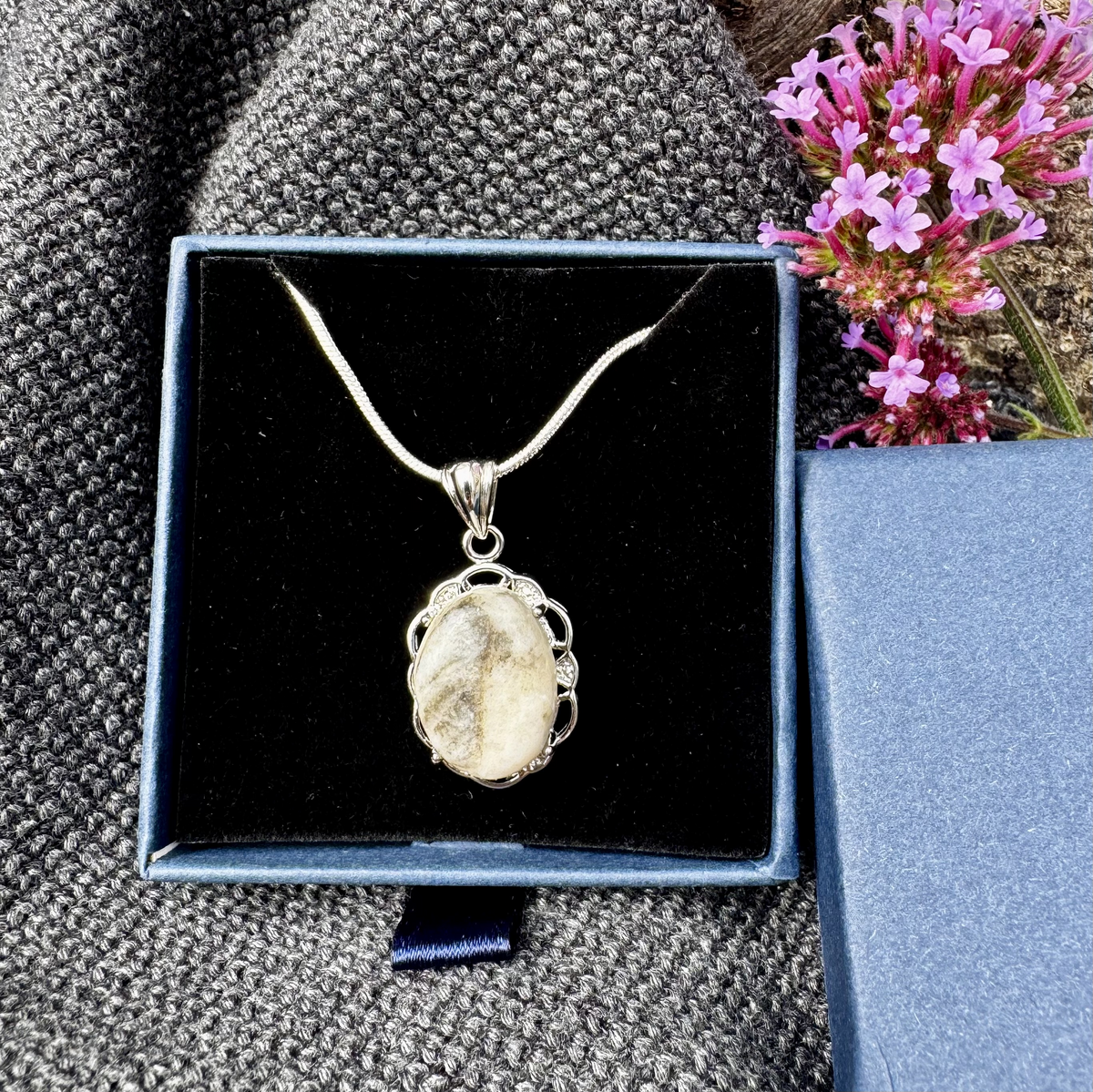 Maen Y Tir . . . Grey Quartzite Full Surround Silver Bezel Pendant