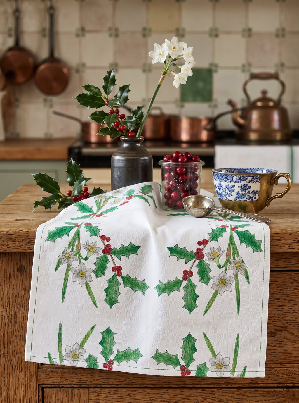 Festive Botanicals . . . 'Holly & Paperwhite Narcissus' Tea Towel