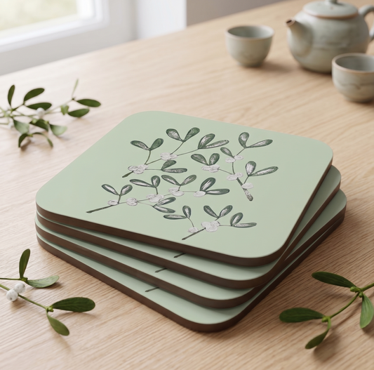 'Mistletoe Sage' High-Gloss Wooden Coasters
