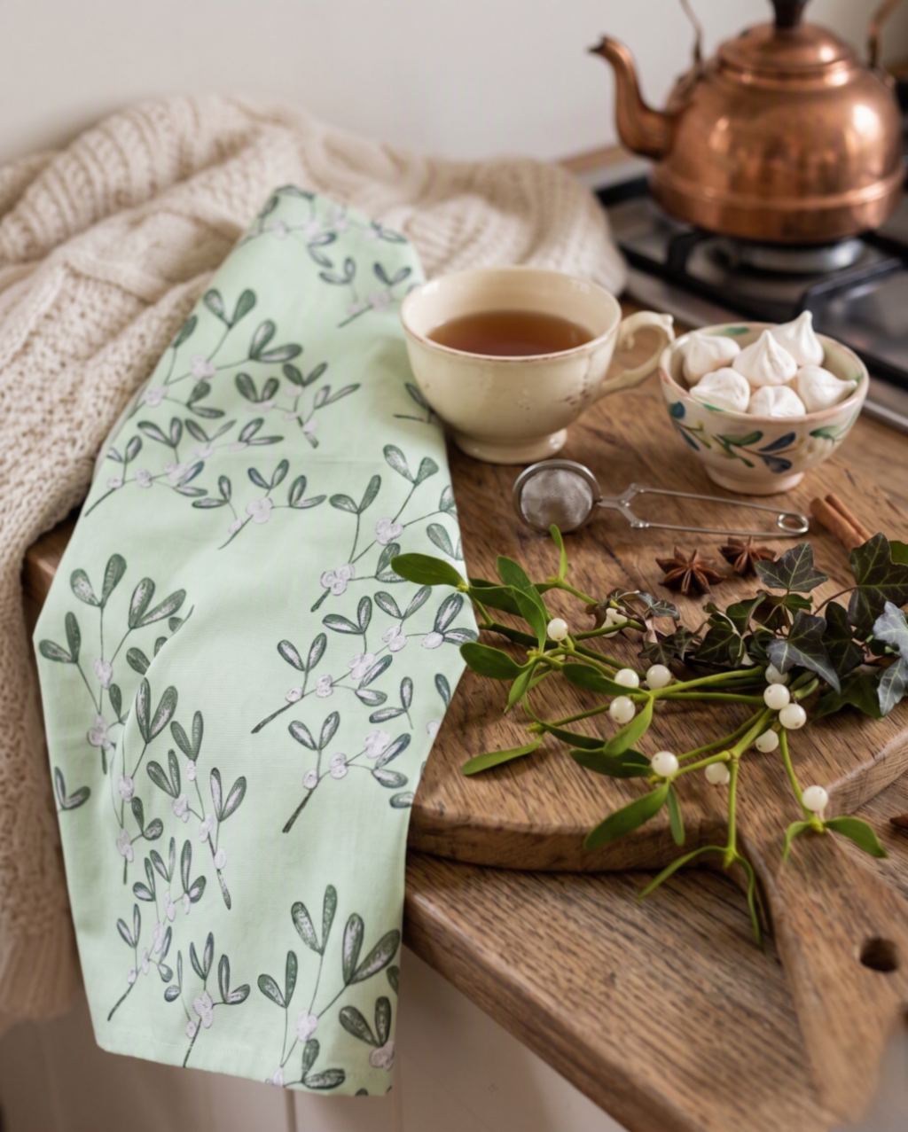 'Sage Mistletoe' Tea Towel