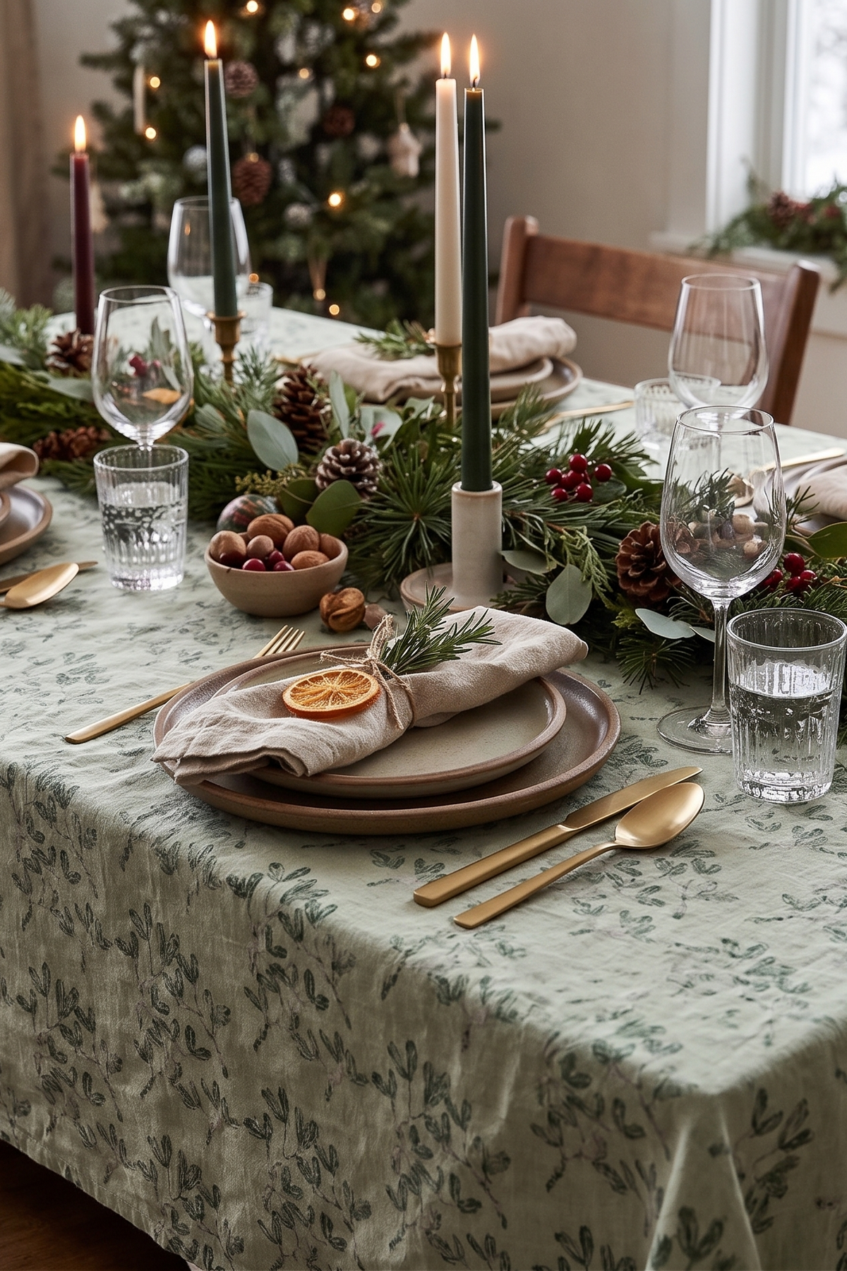 'Mistletoe Sage' Cotton-Linen Luxury Tablecloth