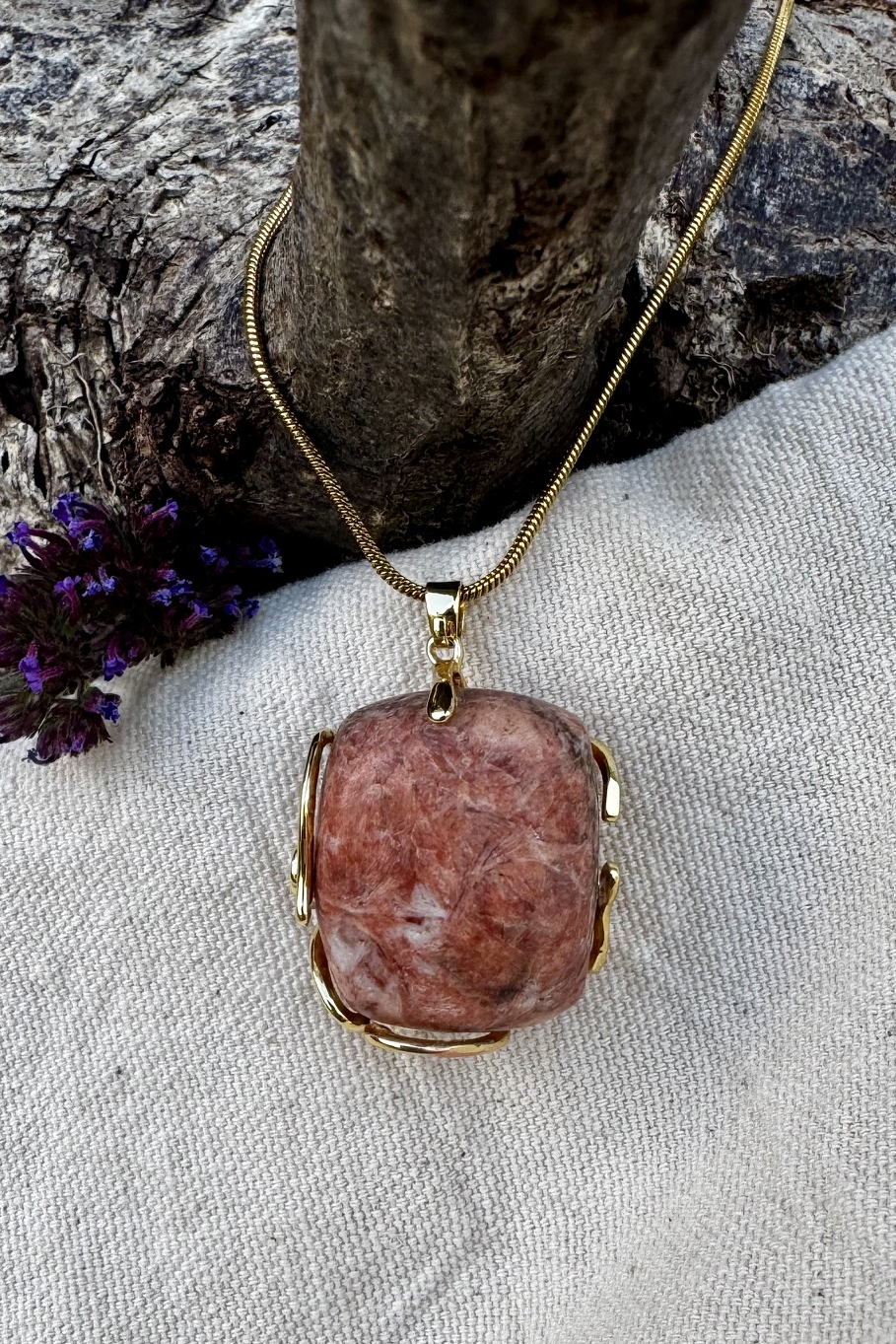 Maen Y Tir . . . Peach Calcite Gold-Frame Pendant