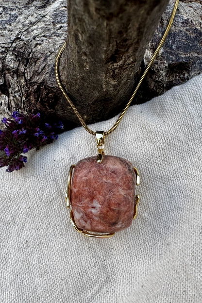 Maen Y Tir . . . Peach Calcite Gold-Frame Pendant