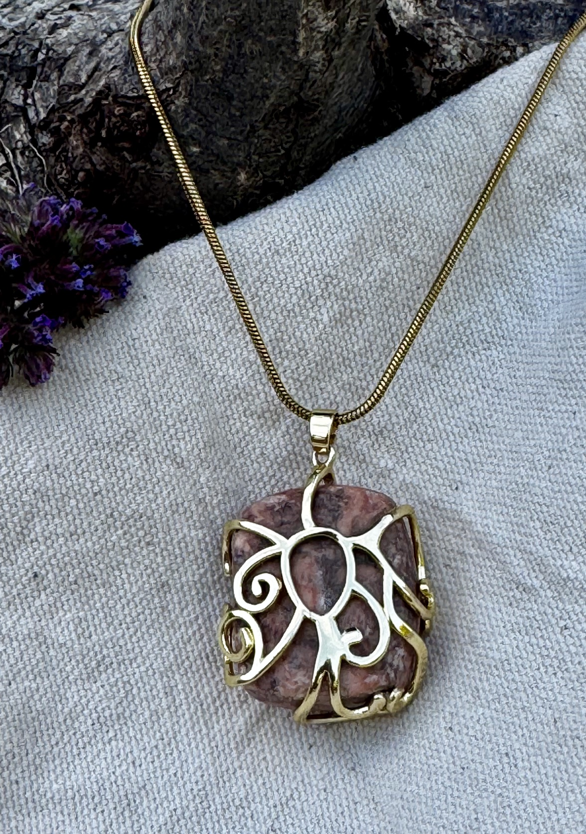 Maen Y Tir . . . Peach Calcite Gold-Frame Pendant