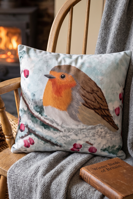 'Winter Robin' Soft Velvet Cushion