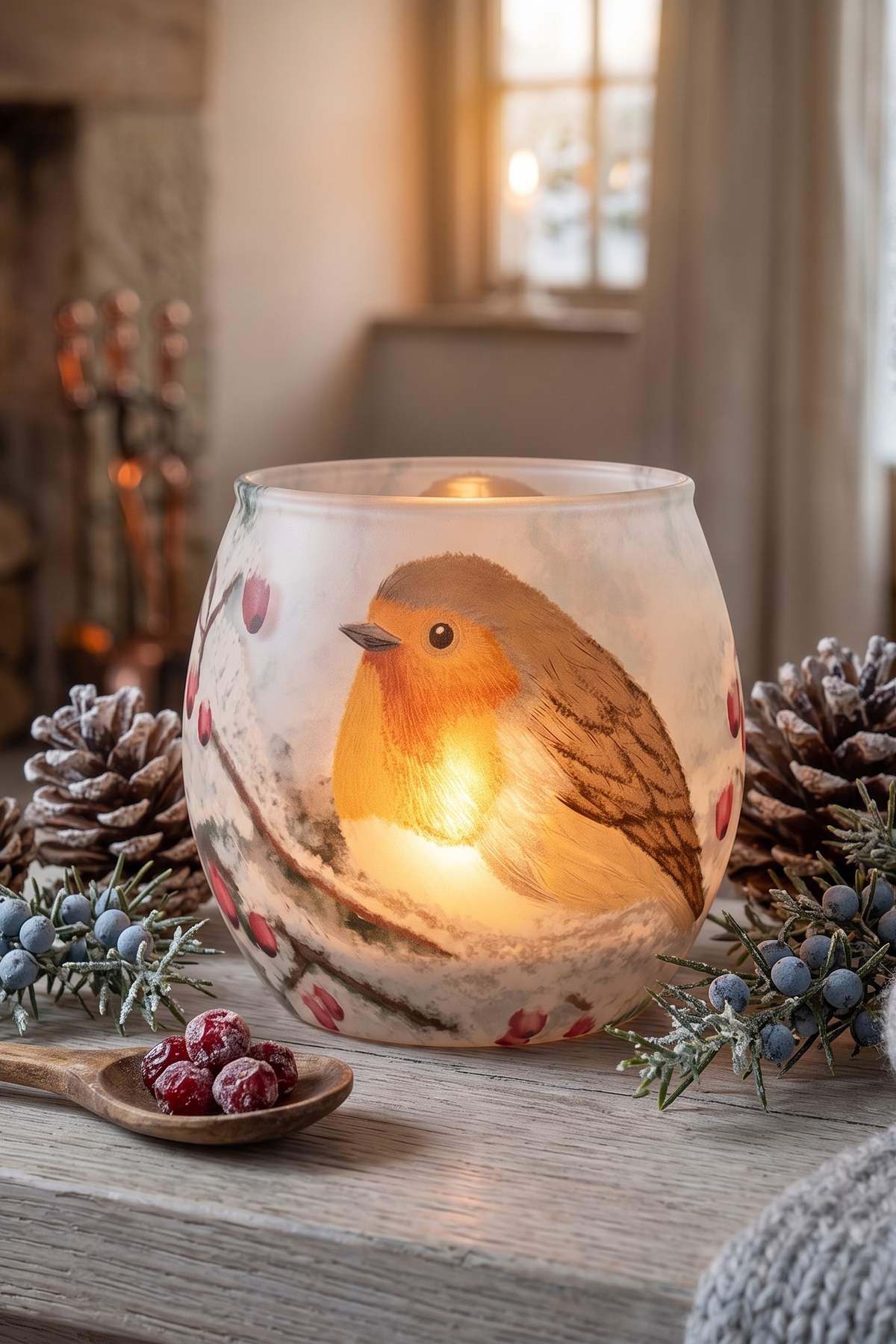 'Winter Robin' Matte Frosted Glass Tea Light Candle Holder